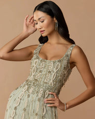 Green Sleeveless Scoop Neck Embellished Midi Dress