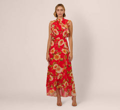 Printed Chiffon Mock Neck Ankle Dress In Coral Multi
