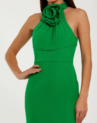 Green Sleeveless Halter Neck Gown with Rosette Detail