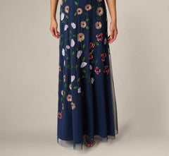 One Shoulder Floral Garden Beaded Gown In Navy Multi