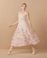 Pink Sleeveless Beaded Midi Dress With 3D Flowers