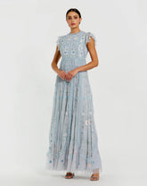 Blue Floral Embroidered Ruffle A Line Gown