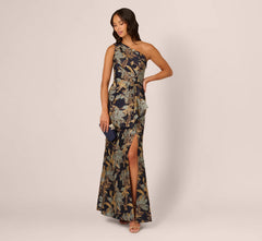 One Shoulder Jacquard Dress In Blue Gold