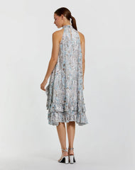 Multicolor Floral High Neck Keyhole Ruffle Mini Dress