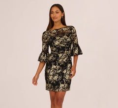 Bell Sleeve Metallic Lace Sheath Dress In Black Gold
