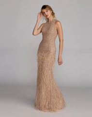 Beige Embellished Lace Sleeveless Feather Gown
