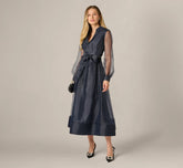 Long Sleeve Organza Collared Ankle Length Midi Dress In Midnight