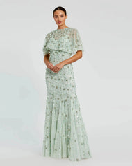 Embellished Illusion Cape Sleeve Trumpet Gown