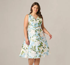 Plus Size Magnolia Floral Jacquard A Line Midi Dress In Blue Multi