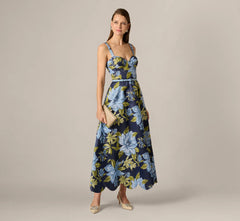 Floral Jacquard Sweetheart Scalloped Ankle Dress In Blue Multi