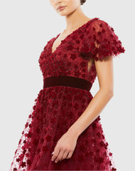 Red Embellished Butterfly Sleeve Velvet Hem Midi Dress