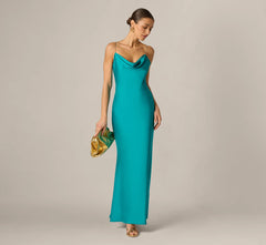 Stretch Satin Cross Back Cowl Neck Gown In Turquoise