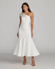 Crepe One Shoulder Midi Dress with Flower