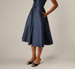Mikado Bow Waist Fit And Flare Midi Dress In Midnight