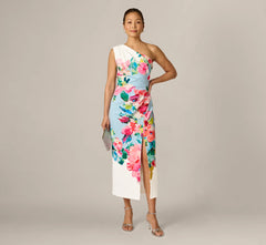 One Shoulder Floral Twill Midi Dress In Blue Multi