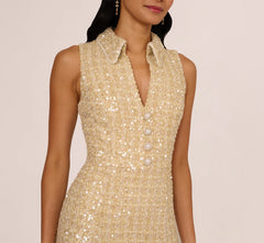 Collared Sequin Tweed Midi Dress In Champagne