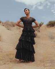 Black Embellished High Neck Gown With Tiered Ruffle Skirt
