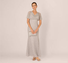 Short Sleeve Diamond Beaded Cowl Gown In Crystal Silver