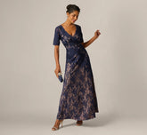 Short Sleeve Lace Soutache Embroidery Gown In Navy Nude