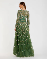 Petite Green Embellished High Neck Long Sleeve A Line Gown