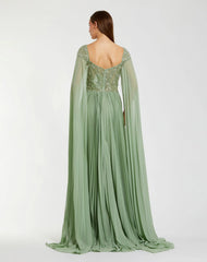 Green Embellished Chiffon Cape Sleeve A Line Gown