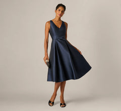 Mikado Bow Waist Fit And Flare Midi Dress In Midnight
