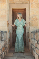 Green Sequin Draped Sleeve V-Neck Gown