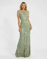 Petite Green High Neck Beaded Fringe Fitted Gown