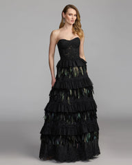 Black Strapless Sweetheart Lace Tiered Feather Ball Gown