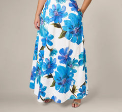 Plus Size Strapless 3D Floral Beaded Dupioni Gown In Ivory Blue Multi