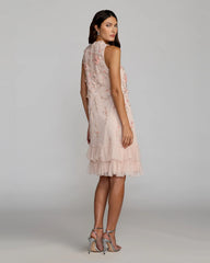 Pink Embellished Ruffle Tiered High Neck Floral Dress