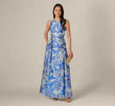 Metallic Iris Floral Organza Gown In Blue Multi