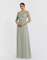 Embellished Illusion High Neck Long Sleeve Gown
