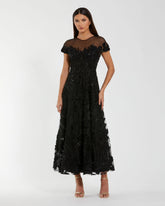 Black Embellished Lace Illusion Neck A-Line Cocktail Dress