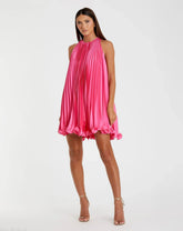Pleated Halter Neck Flowy Mini Trapeze Dress
