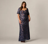 Plus Size Short Sleeve Floral Sequin Stretch Mesh Gown In Navy Rosegold