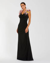 Black Jersey V Neck Gown With 3D Flowers