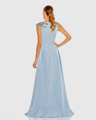 Dark Blue Beaded Cap Sleeve V Neck A Line Gown - FINAL SALE