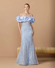 Blue Embellished Mermaid Gown With Off The Shoulder Ruffle