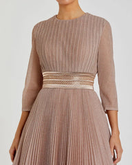 Pink Shimmering Pleated 3/4 Sleeve Ball Gown