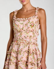 Pink Floral Square Neck Ruffled Cotton Mini Dress