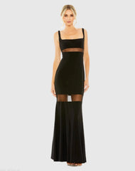 Black Sleeveless Sheer Mesh Panel Column Gown - FINAL SALE
