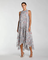 Gray Floral Ruffle High Neck Midi Dress