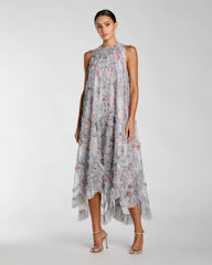 Gray Floral Ruffle High Neck Midi Dress