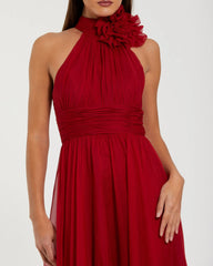 Red Halter Neck Chiffon Gown With 3D Flower