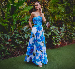 Strapless 3D Floral Beaded Dupioni Gown In Ivory Blue Multi