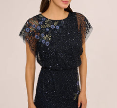 Short Sleeve Beaded Floral Embroidery Gown In Midnight Multi