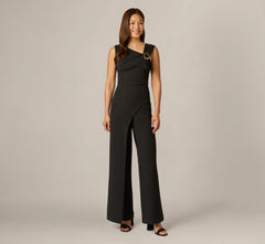 Buckle Shoulder Overlay Stretch Jumpsuit In Black
