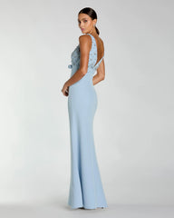Blue Sleeveless Embellished Crepe Gown With Bow