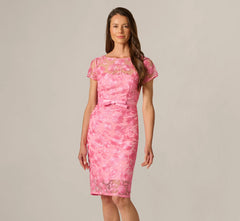 Short Sleeve Embroidered Illusion Sheath Dress In Cherry Blossom